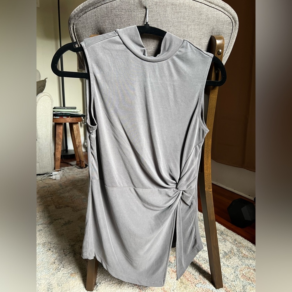Modal High Neck Sleeveless Gray Twist Side Slit Top